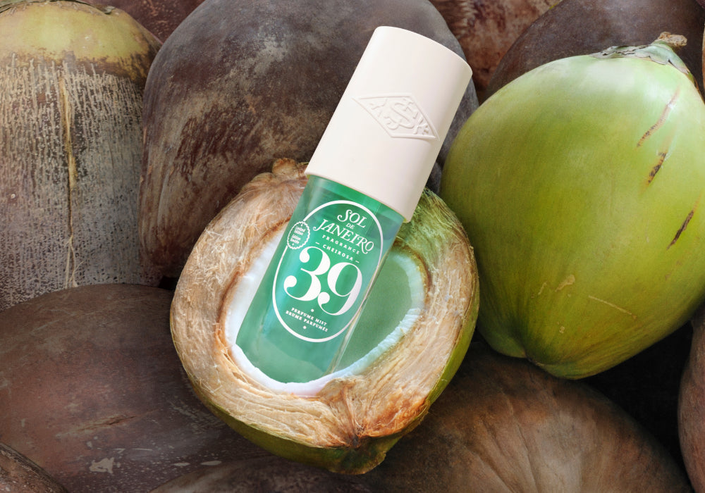 sol de janeiro cheirosa 39 perfume mist is back! This is an image of the perfume mist bottle inside coconuts