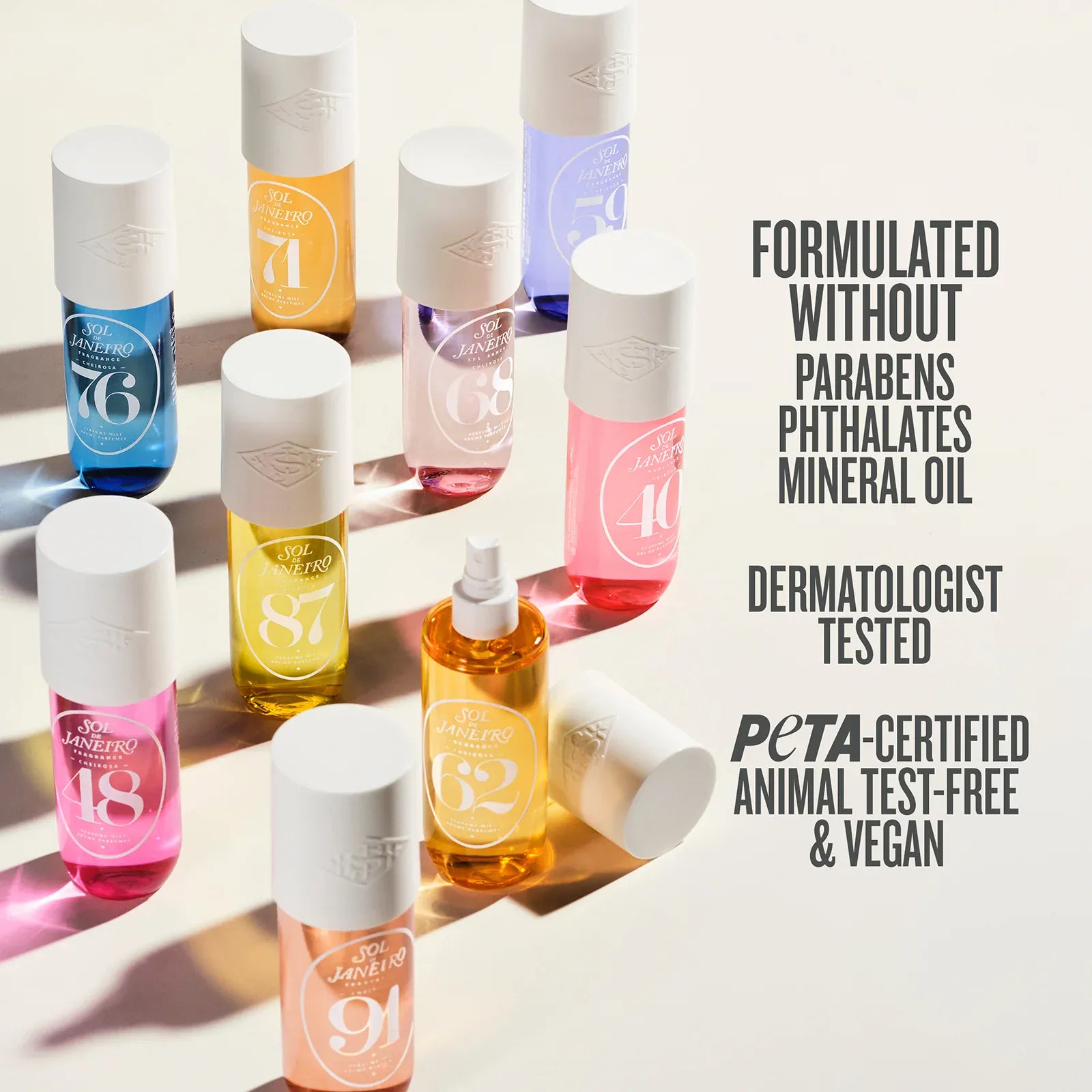 Collection of bottles with product details on a white background. Text on image reads formulated without parabens phthalates mineral oil, dermatologist test PETA-certified animal test-free & vegan