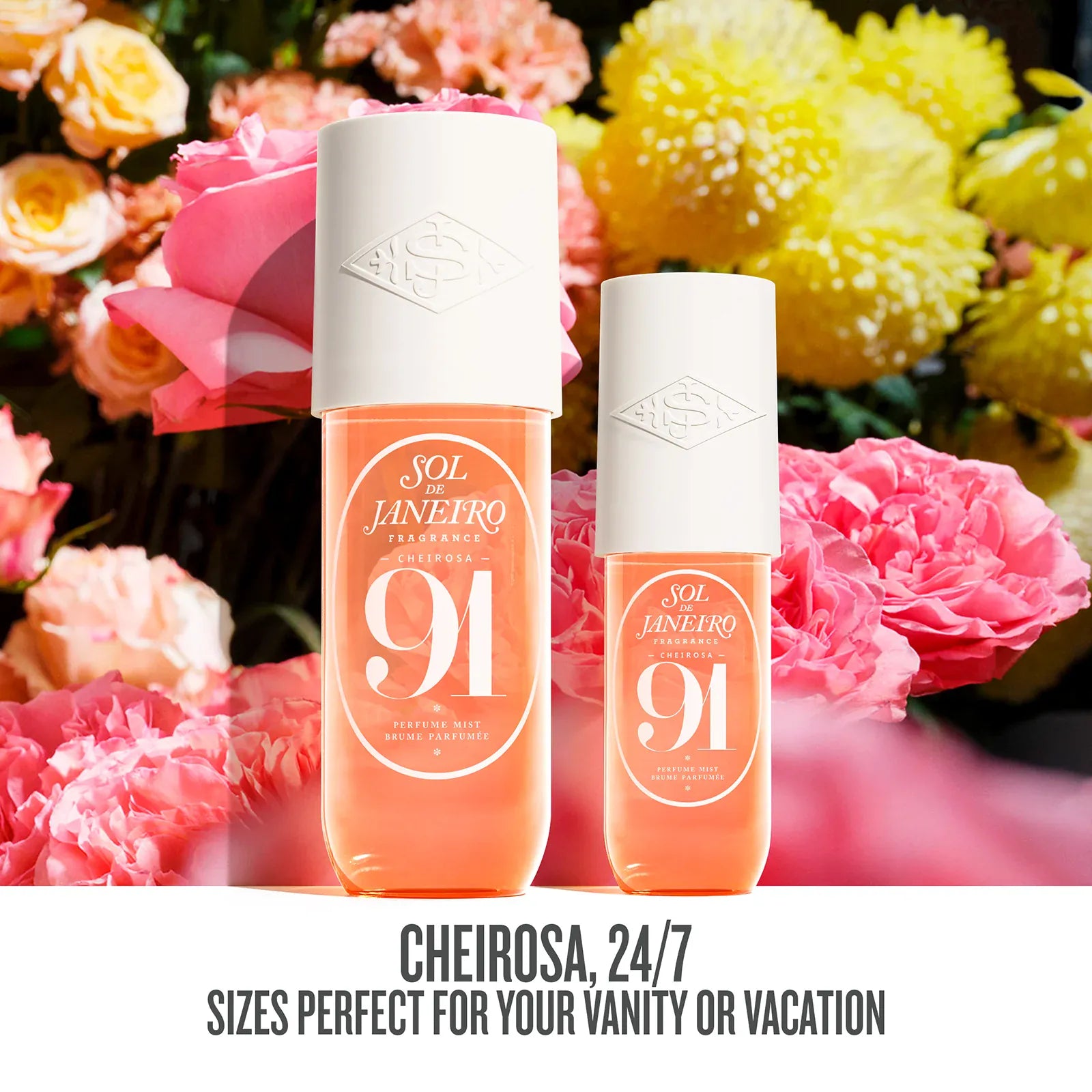 Text on image reads cheirosa, 24/7 sizes perfect for your vanity or vacation