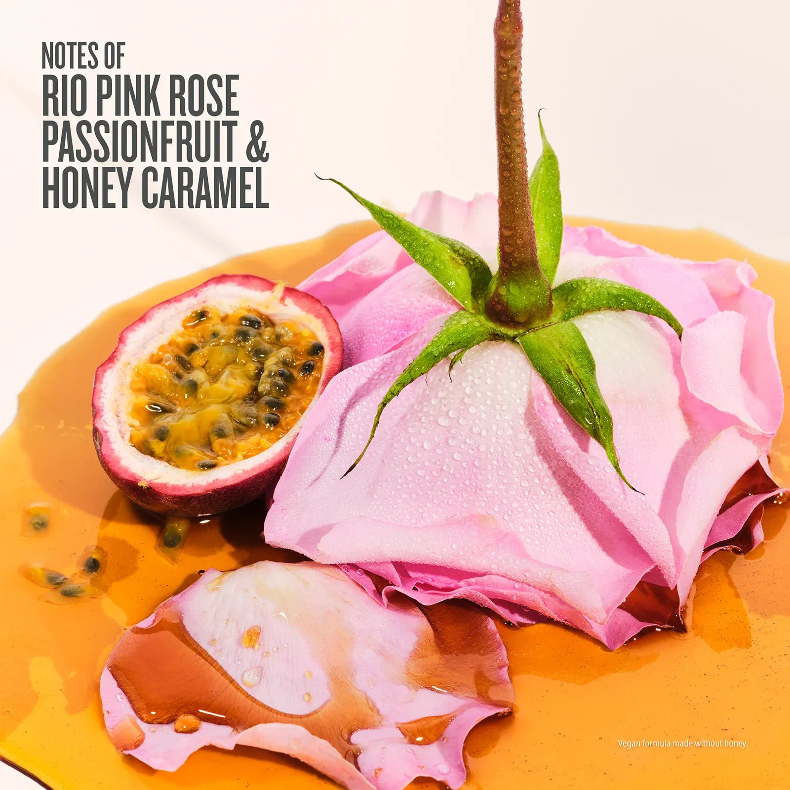 Pink rose, passionfruit, and honey caramel on a plate with text 'Notes of Rio Pink Rose Passionfruit & Honey Caramel'.