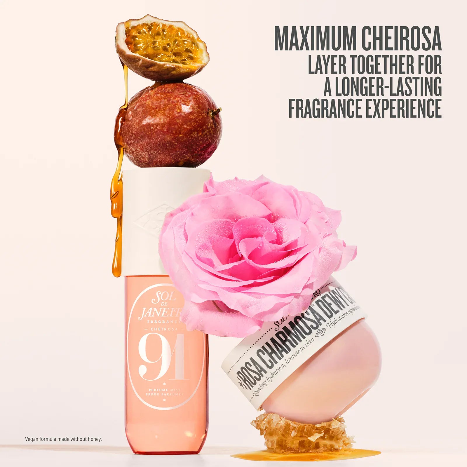 Text on image reads maximum cheirosa layer together for a longer-lasting fragrance experience 