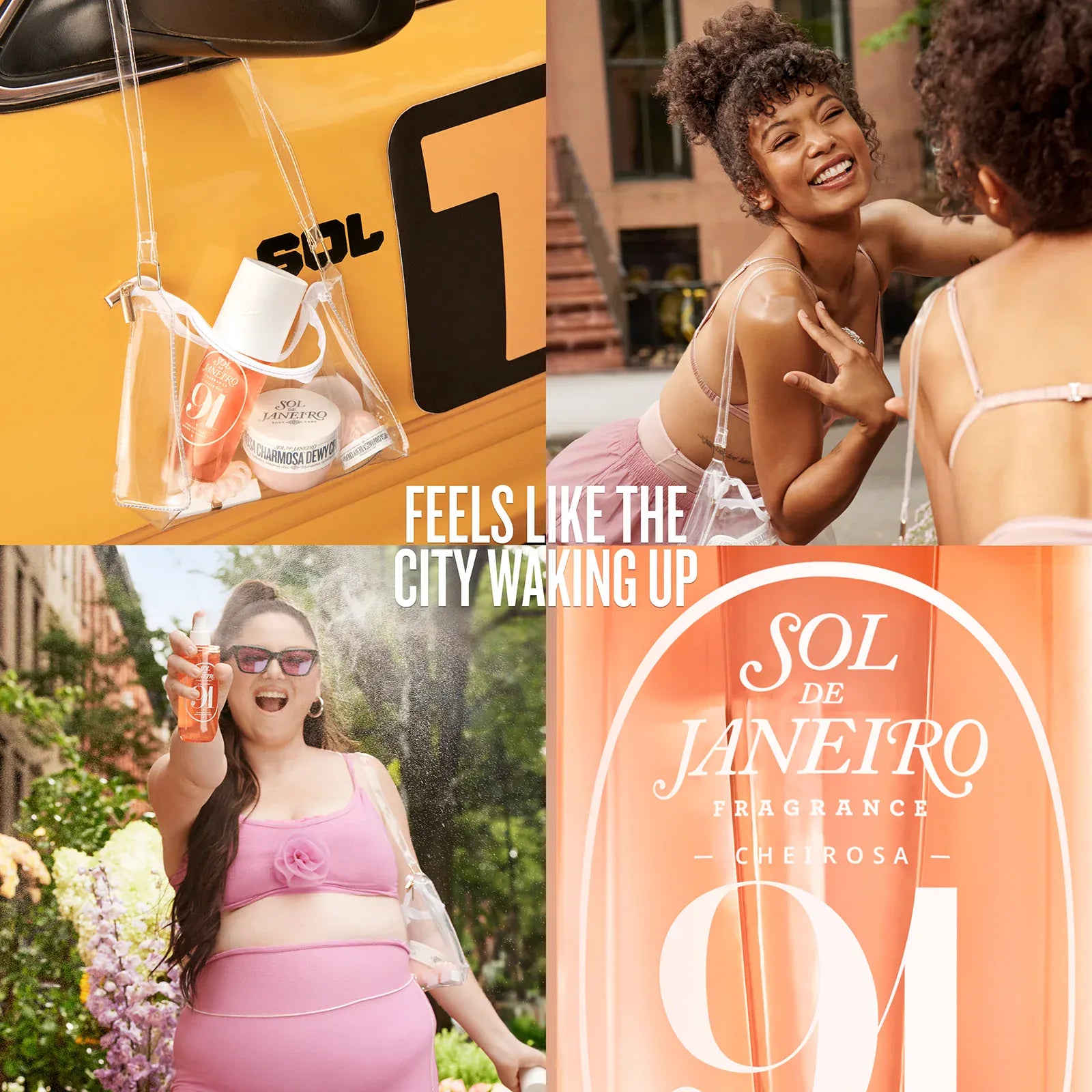 Collage of Sol de Janeiro fragrance packaging and promotional images with people outdoors. Text on image reads feels like the city waking up
