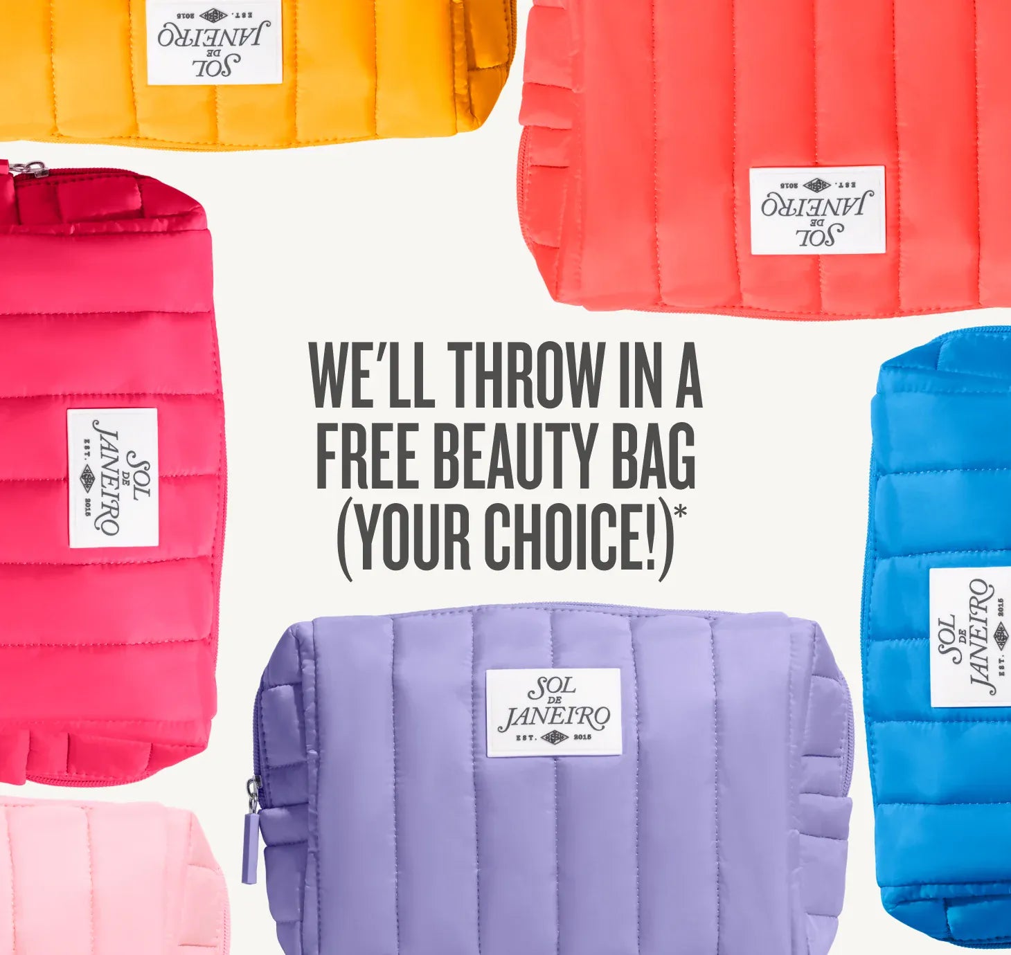 Colorful makeup bags with free beauty bag offer in the center. Text on image reads we'll throw in a free beauty bag (your choice)*
