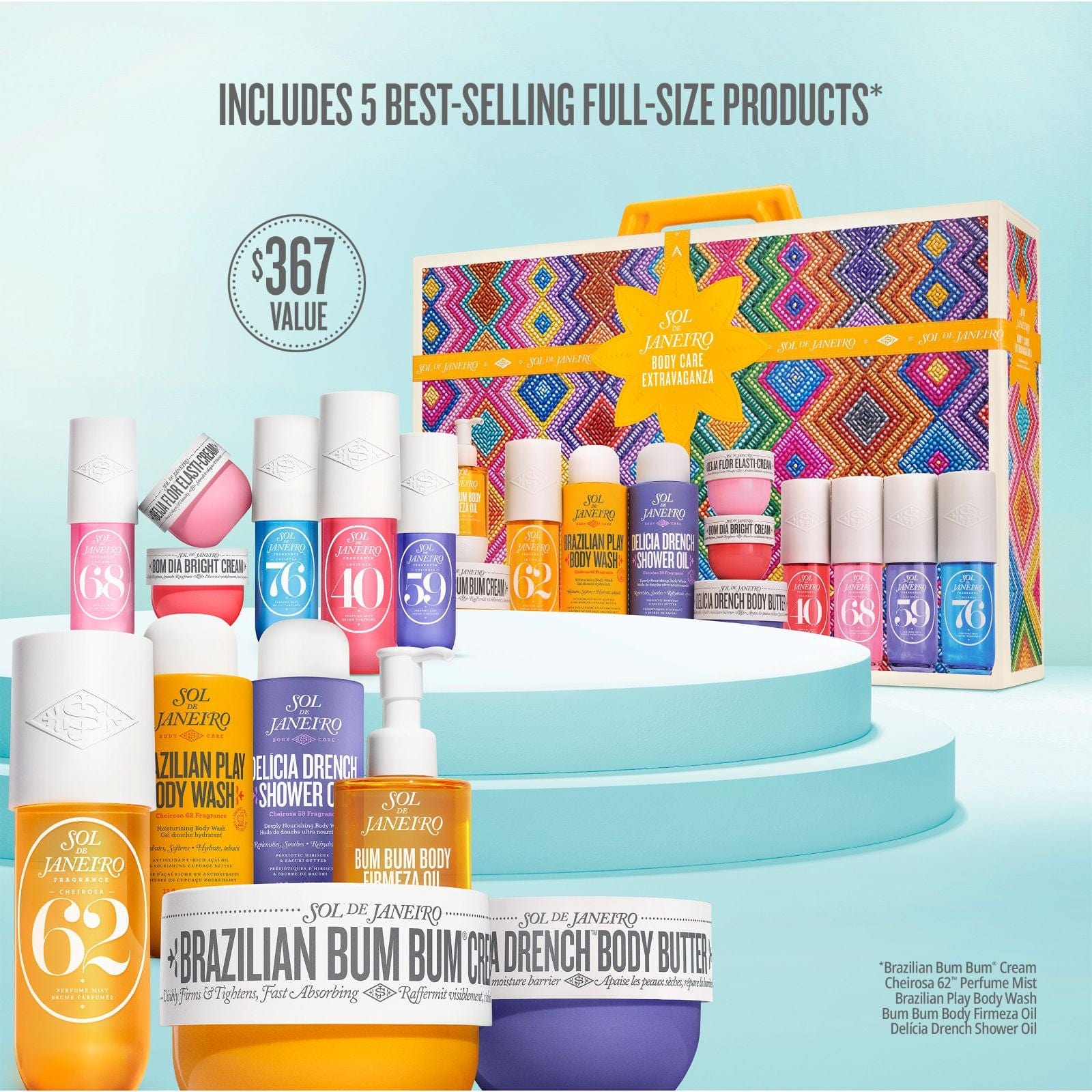 sol de janeiro body care extravaganza set. text on image reads includes 5 best-selling full-sized products* *brazilian bum bum cream, cheirosa 62 perfume mist, brazilian play body wash, bum bum body firmeza oil, delicia drench shower oil