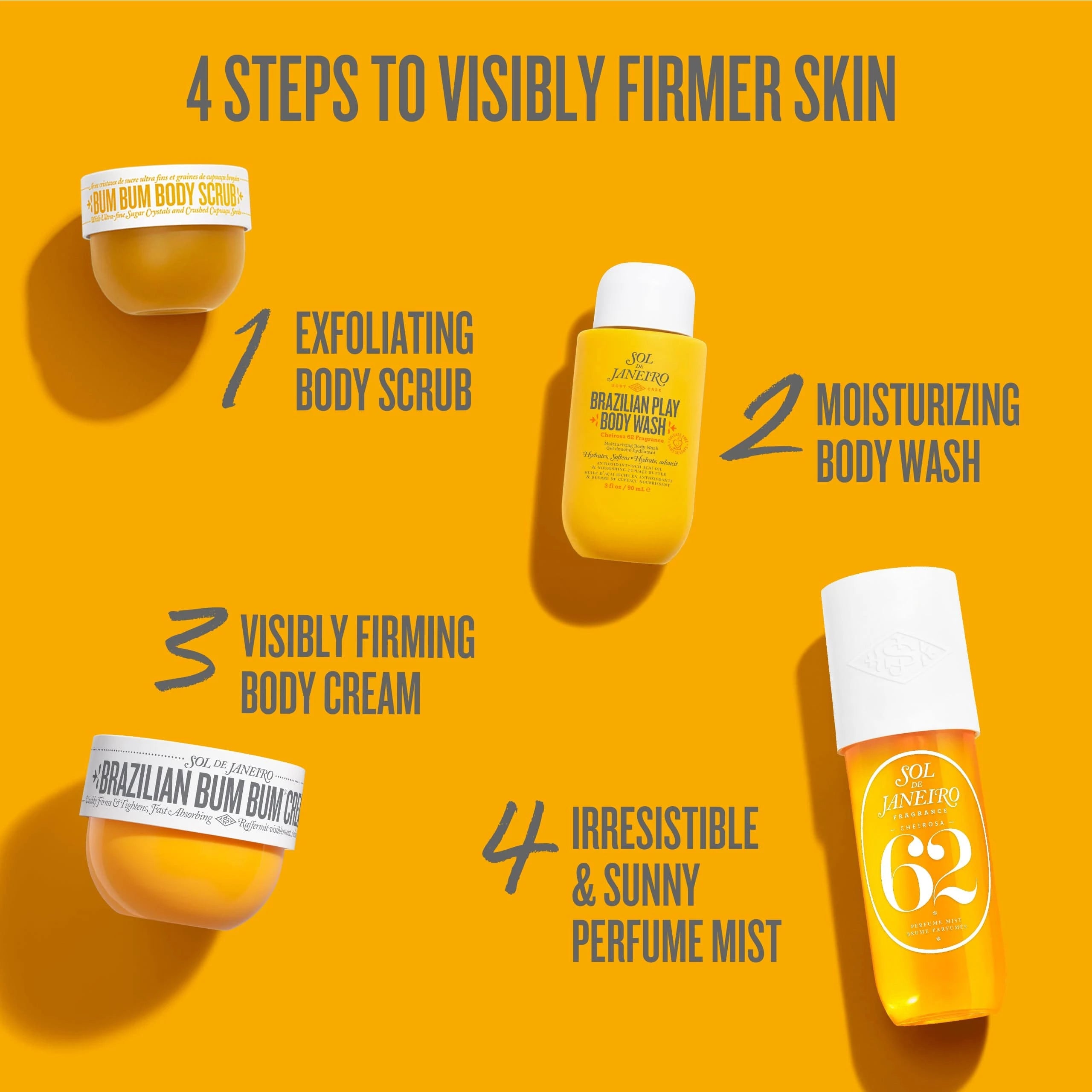 text on image reads 4 steps to visibly firmer skin 1. exfoliating body scrub, 2. moisturizing body wash 3. visibly firming body cream, 4. irresistible & sunny perfume mist