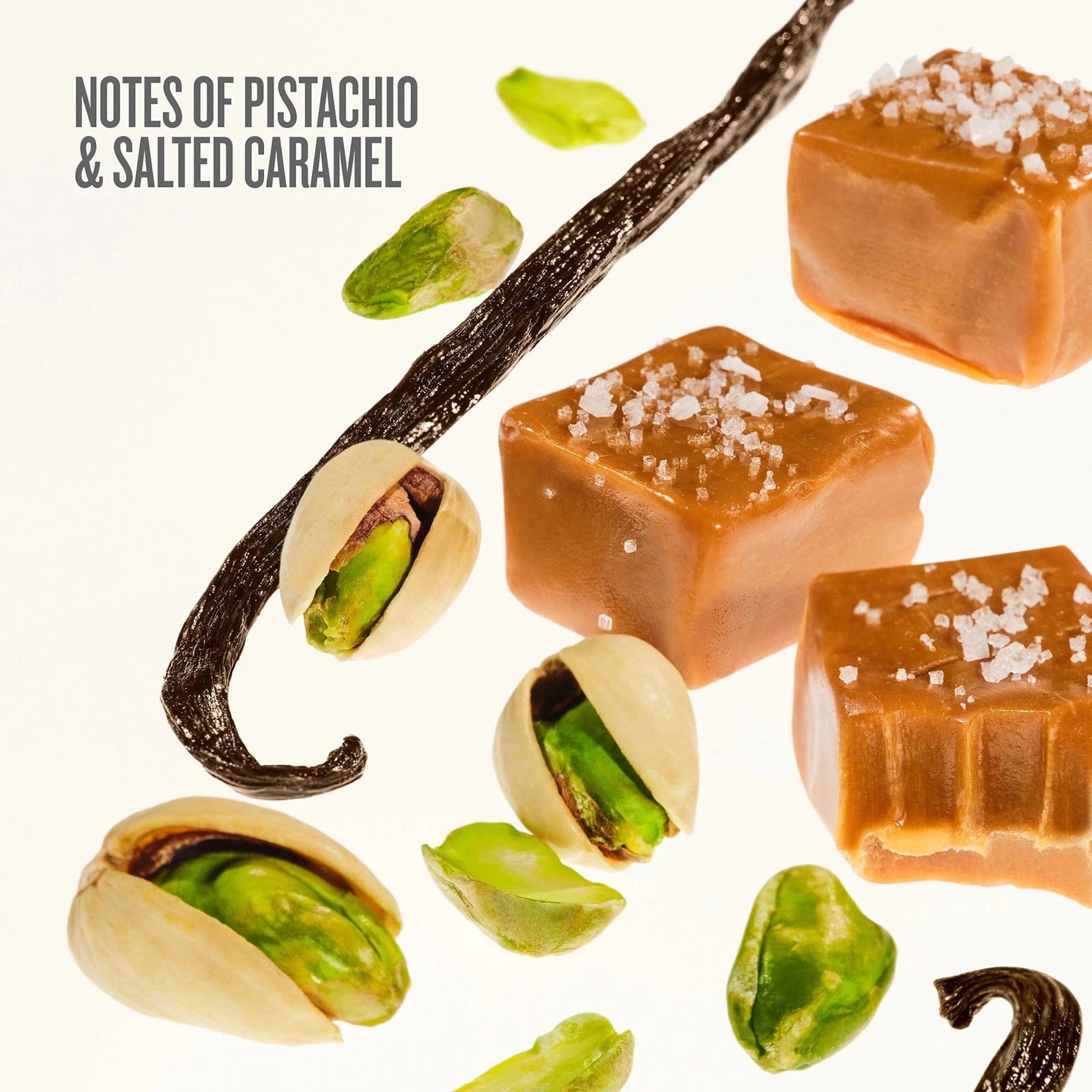 Caramel candies with salt and pistachio, vanilla bean, and pistachios on a white background. text on image reads notes of pistachio & salted caramel
