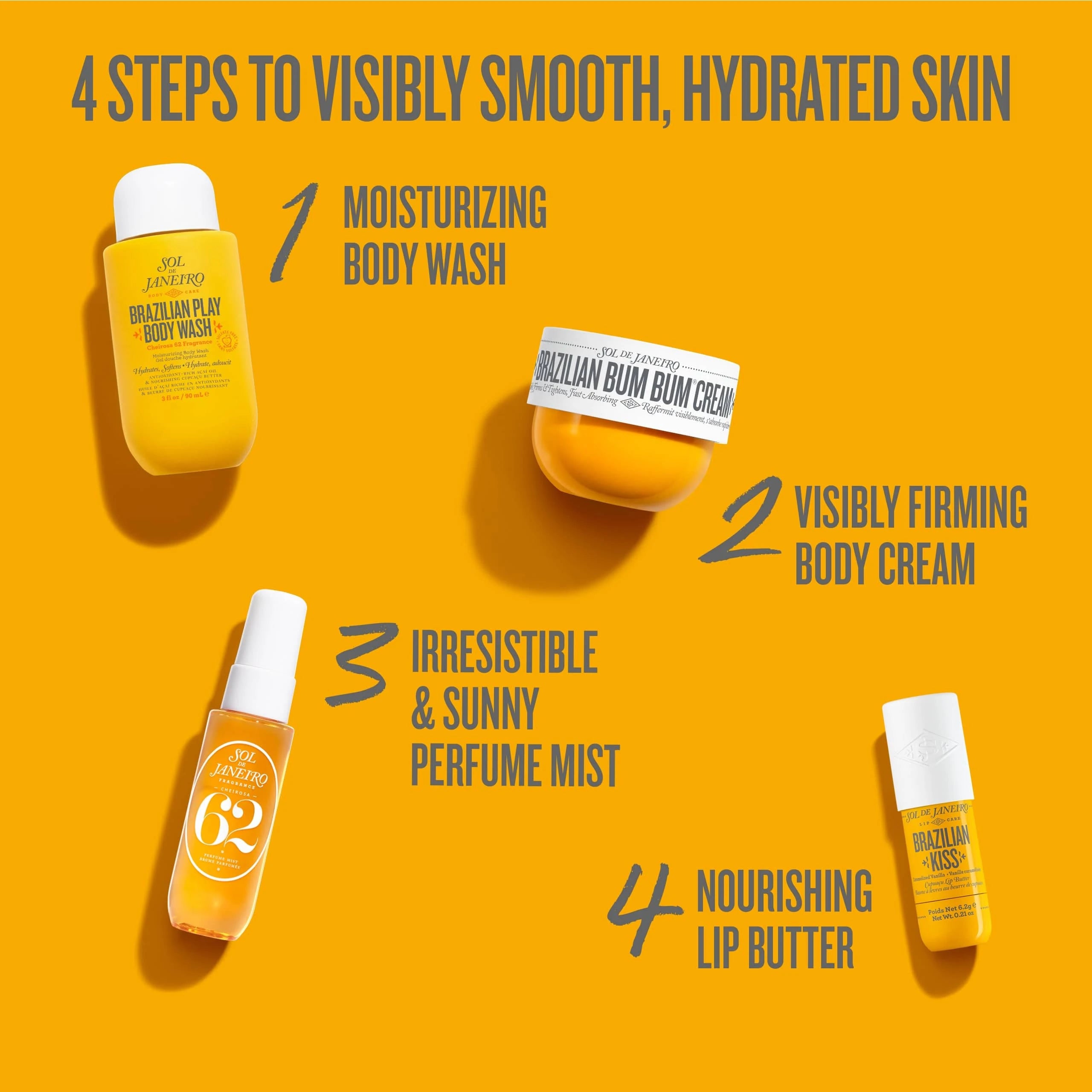 text on image reads 4 steps to visibly smooth, hydrated skin 1. moisturizing body wash 2. visibly firming body cream 3. irresistible & sunny perfume mist 4. nourishing lip butter
