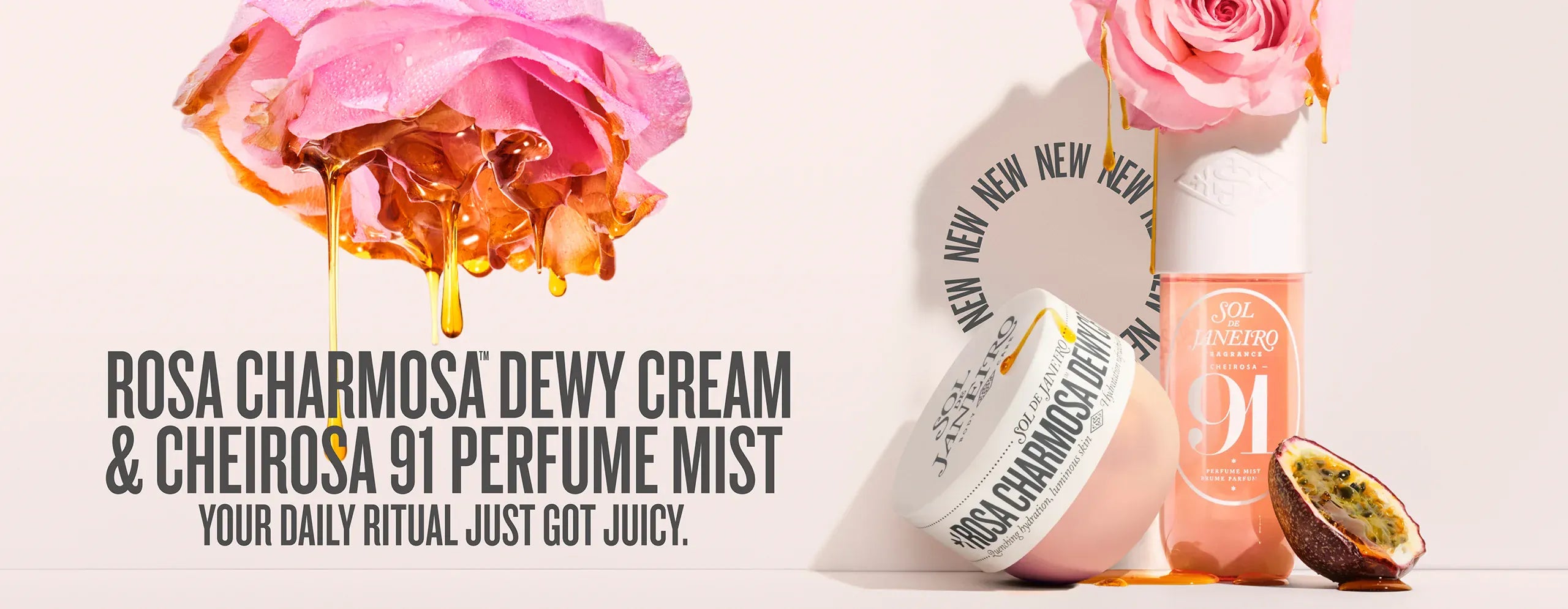 Rosa Charmosa Dewy Cream and Cheirosa 91 Perfume Mist with flowers and honey on a white background