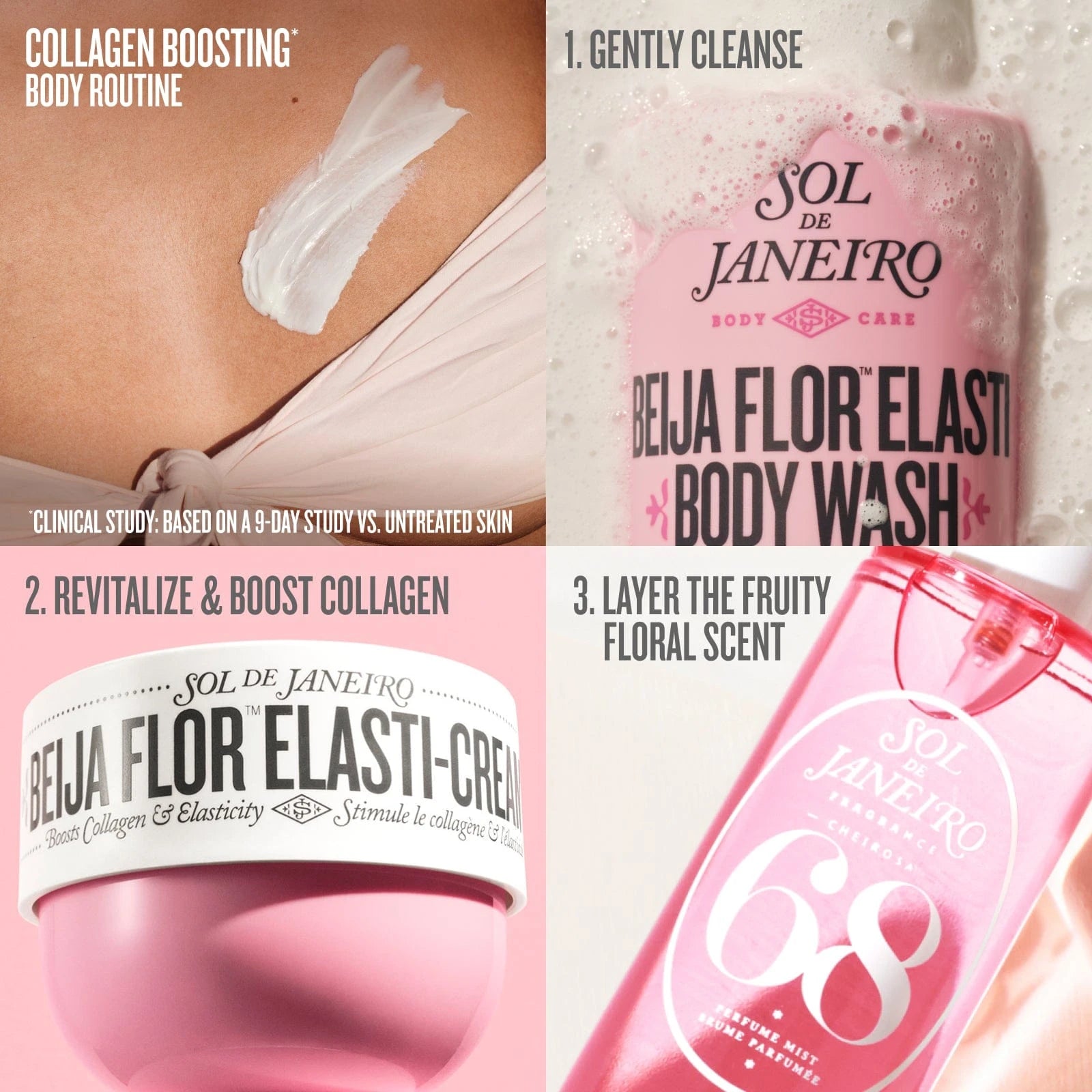 collagen boosting* body routine 1. gently cleanse 2. revitalize & boost collagen 3. layer the fruity floral scent 

*clinical study: based on a 9-day study vs. untreated skin