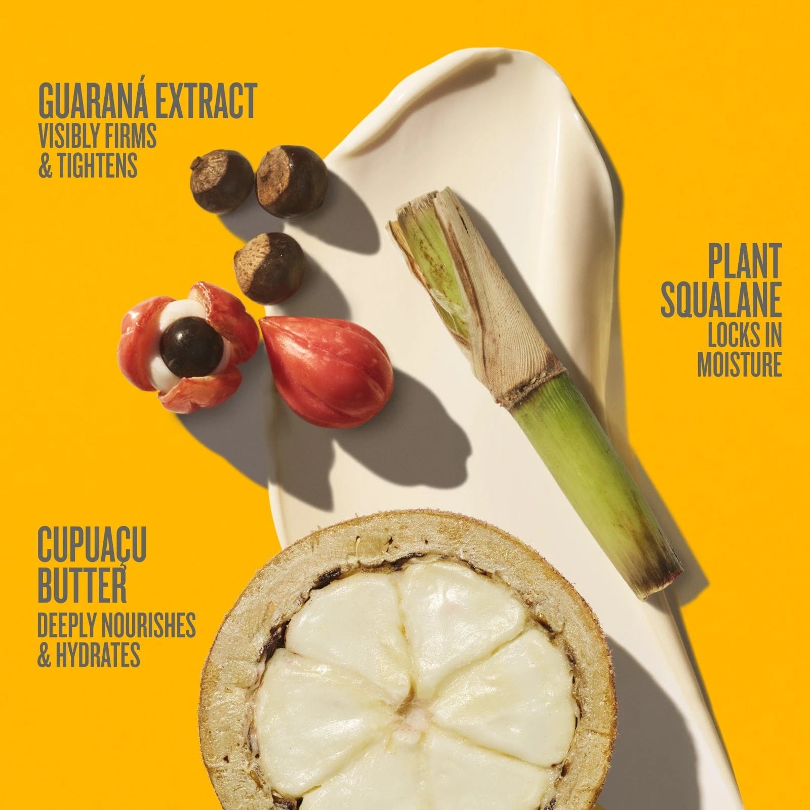 Guarana extract visibly firms & tightens, plant squalene locks in moisture, cupuacu butter deeply nourishes & hydrates