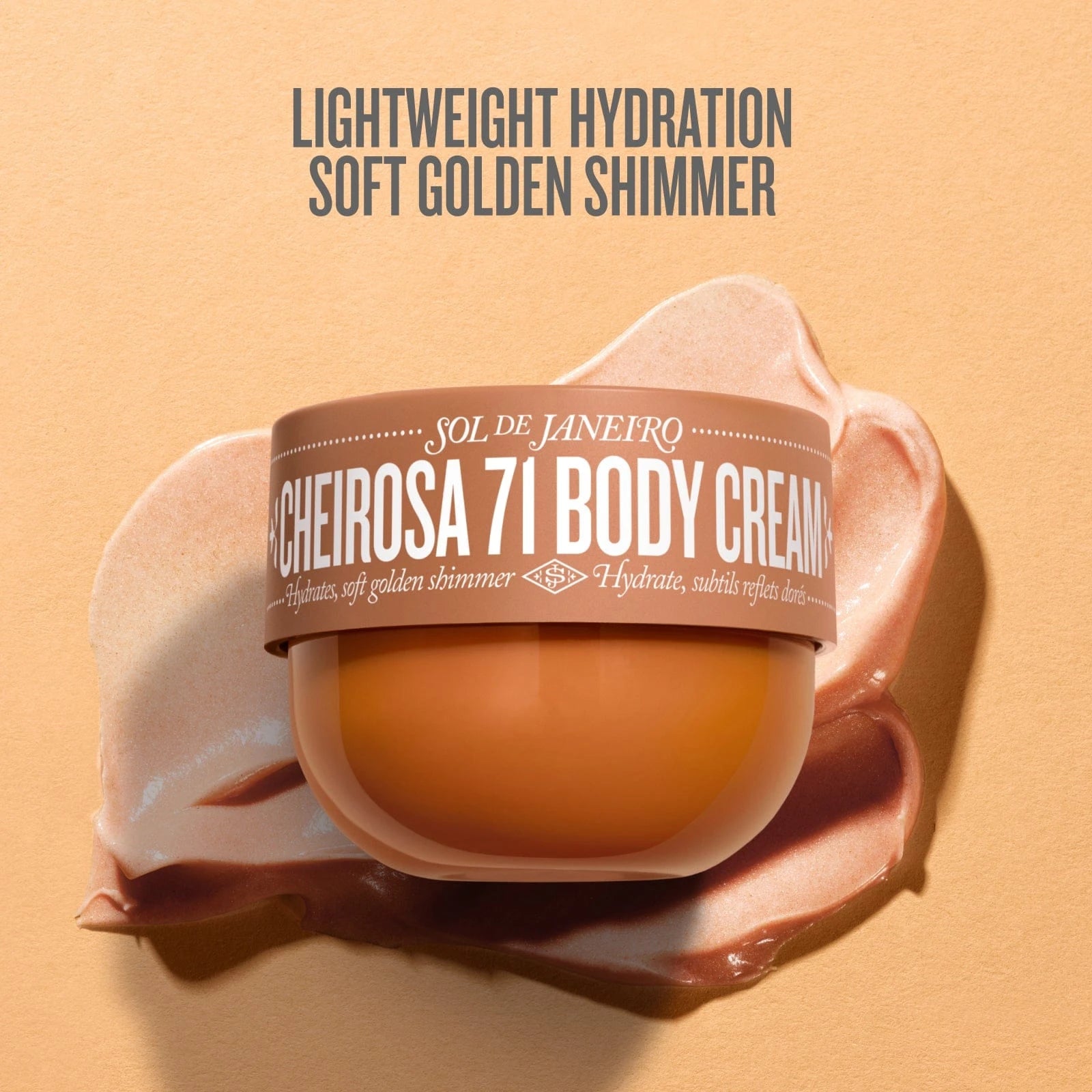 Cheirosa 71 Body Cream by Sol de Janeiro. Text on images reads lightweight hydration soft golden shimmer. 
